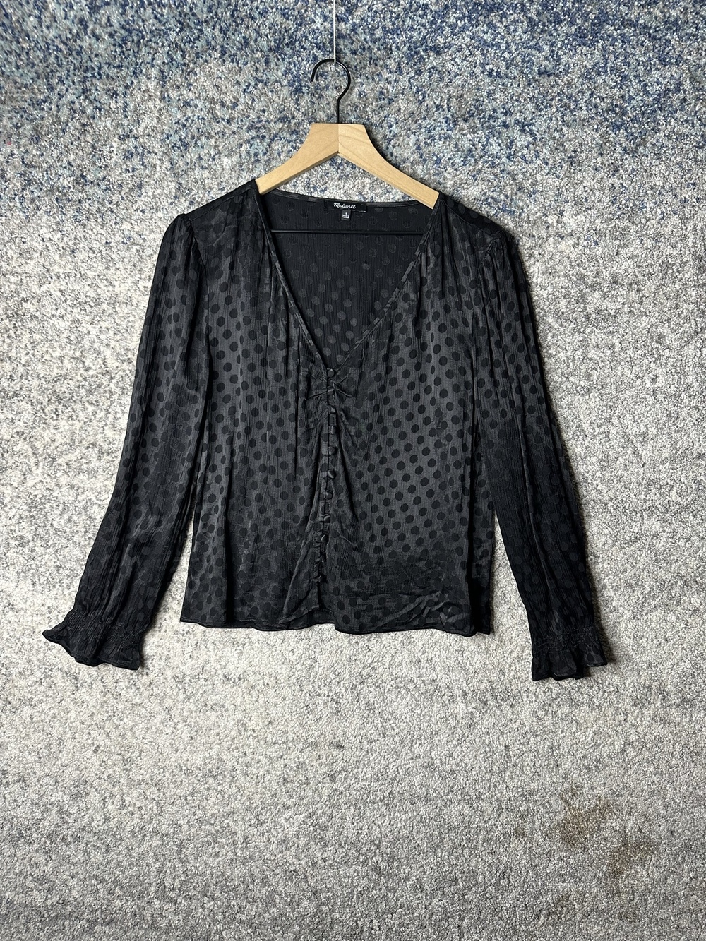 Madewell Blouse Womens 8 Black Polka Dot V Neck Long Sleeve Ruffle Top Jacquard